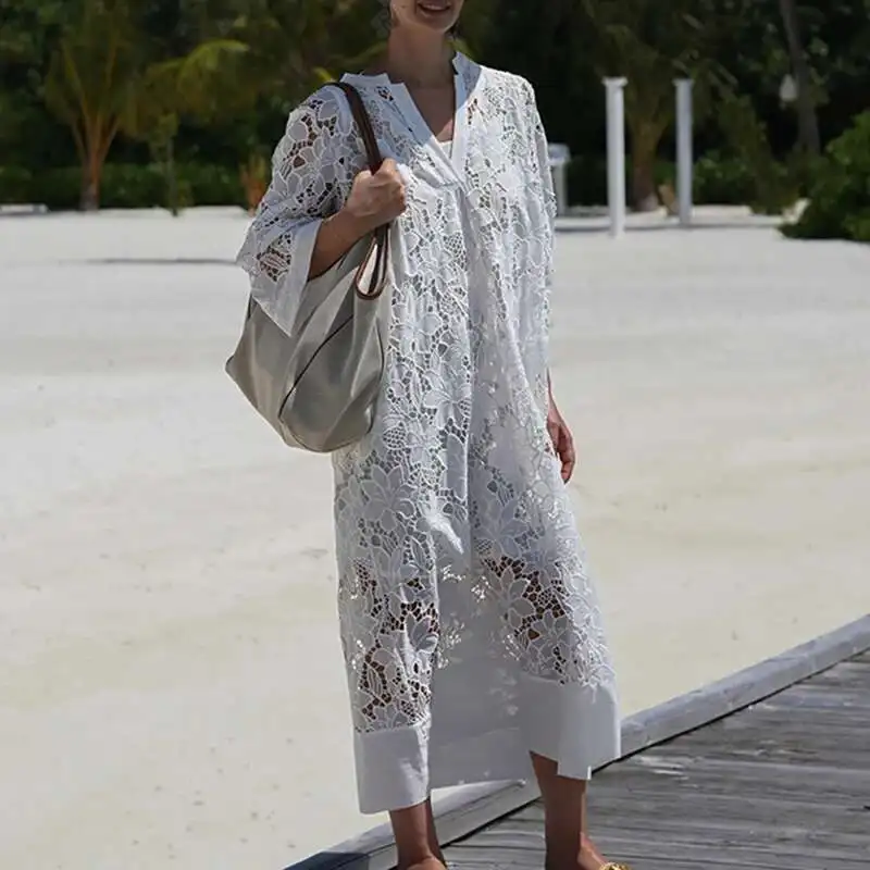 

Elegant 3/4 Sleeve Patchwork Loose 2025 Lady Fashion Vacation Long White Women's V Neck Lace Embroidered Party Dress