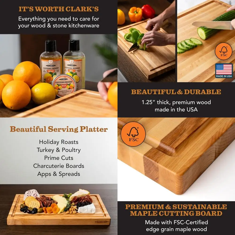 

Большая разделочная доска из кленовой твердой древесины с глубокой канавкой для сока и удобной ручкой для переноски, 18x12x1,25 дюйма