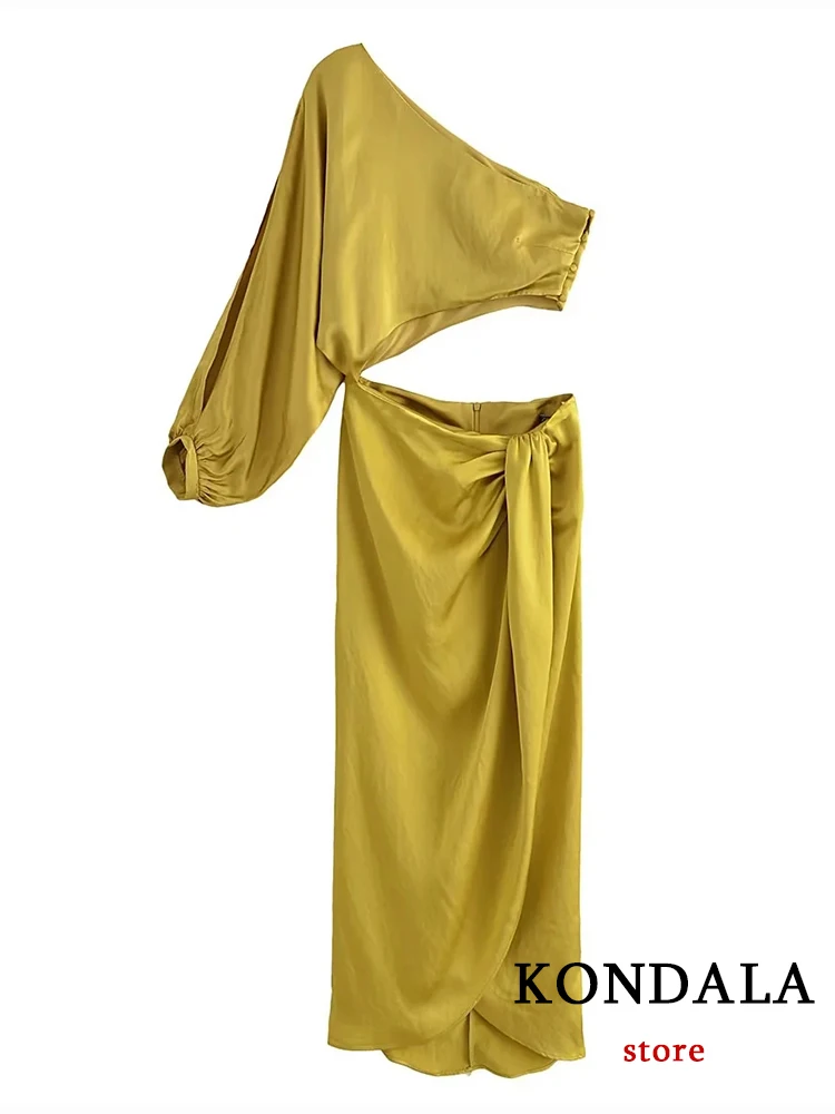 KONDALA Chic Solid Yellow Silk Luxury Single Sleeve Diagonal Collar Bare-midriff Pleated Women Dress Long Night Party Vestido