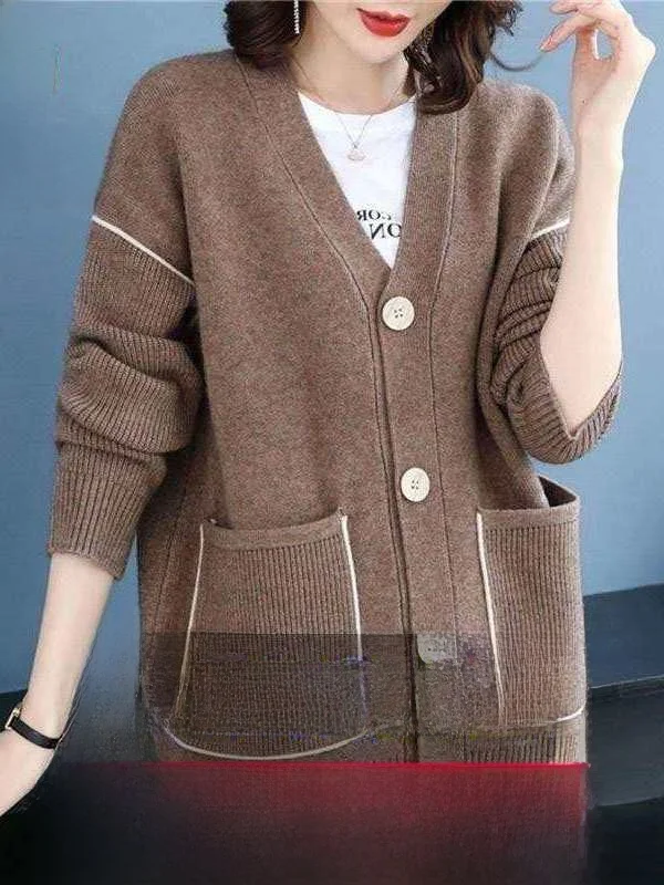 

Повседневный свободный свитер-кардиган большого размера с V-образным вырезом для женщин, весенний, утепленный, с длинными рукавами, из полиэфирного волокна, яркий, для повседневной носки