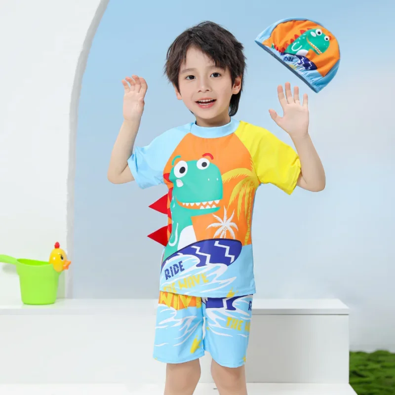 Детский купальник из двух предметов с кепкой, солнцезащитный крем с короткими рукавами для мальчиков, быстросохнущий купальный костюм, детский гидрокостюм с героями мультфильмов, костюм для серфинга