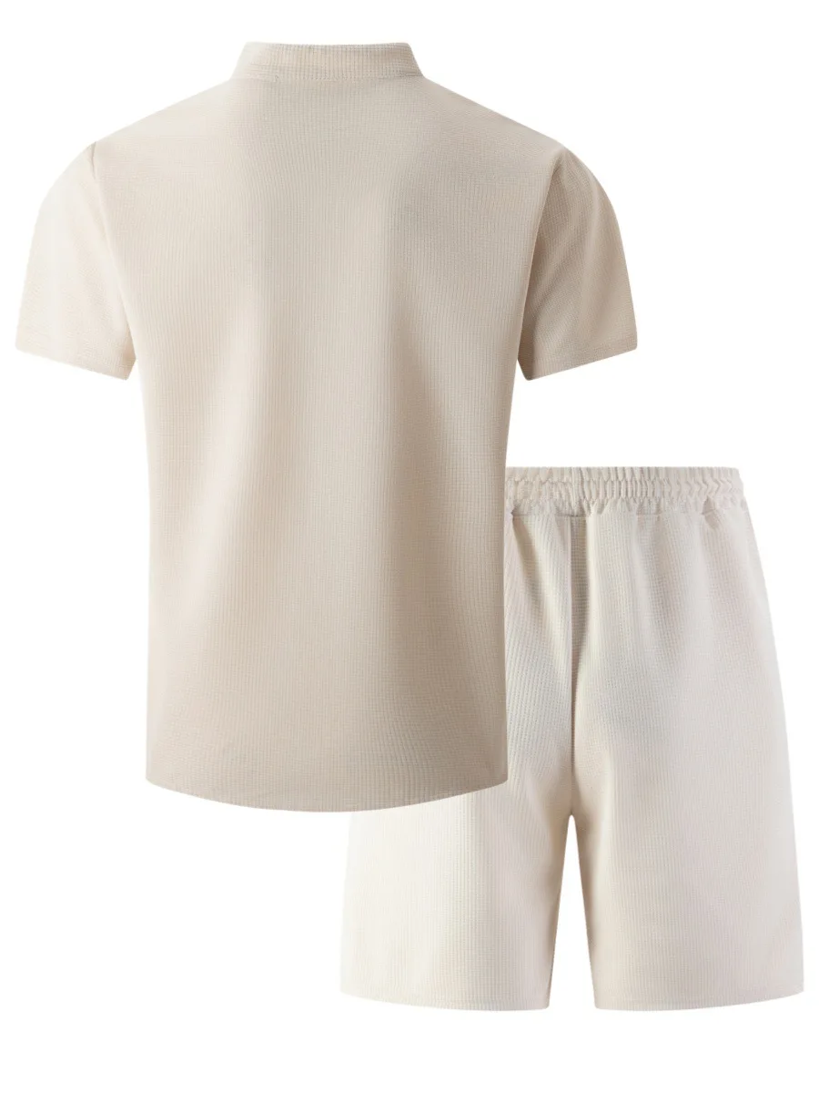 Men's new summer style waffle plain-color crew-neck t-shirt with pocket short-sleeved set with beach shorts men's casual suit