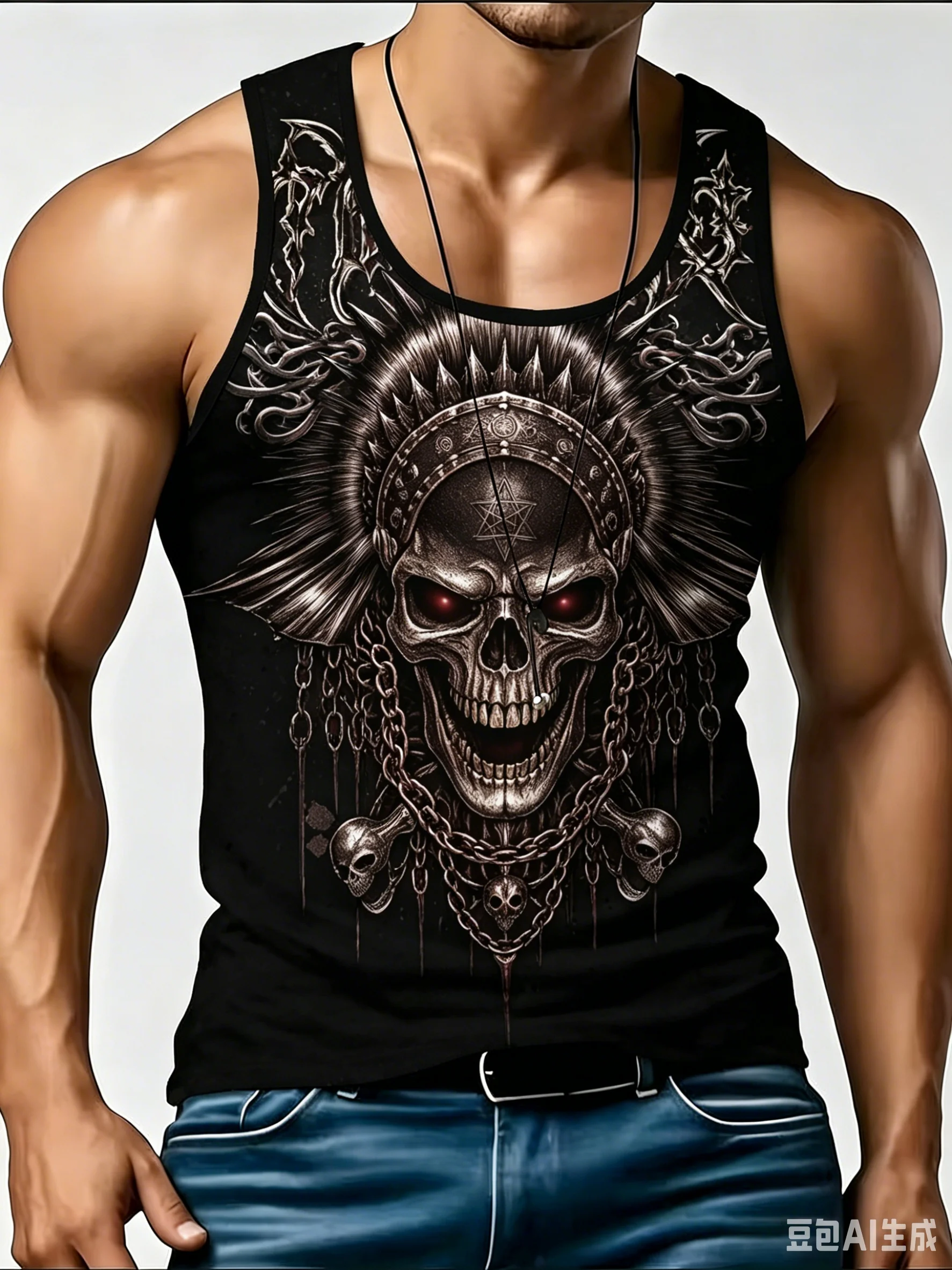 Men's Bright Gothic Tank, Red Eye Skull Chain Pentagram Graphic Sleeveless Vest For Punk Rock