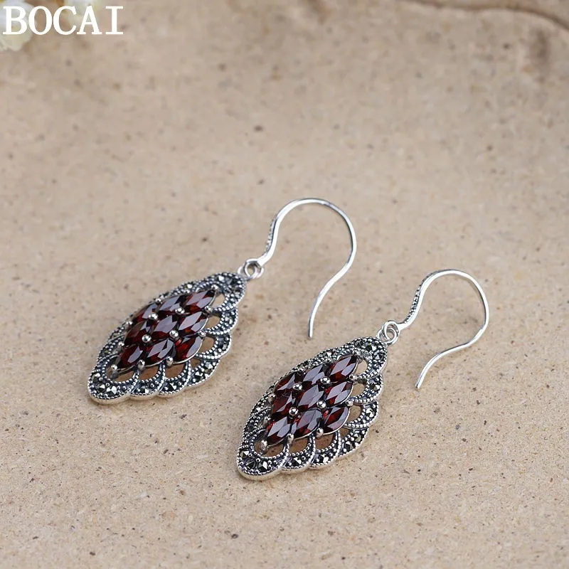BOCAI New S925 Sterling Silver Jewelry Vintage Fashion Inlaid With Garnet Earrings Women's Selected Gift