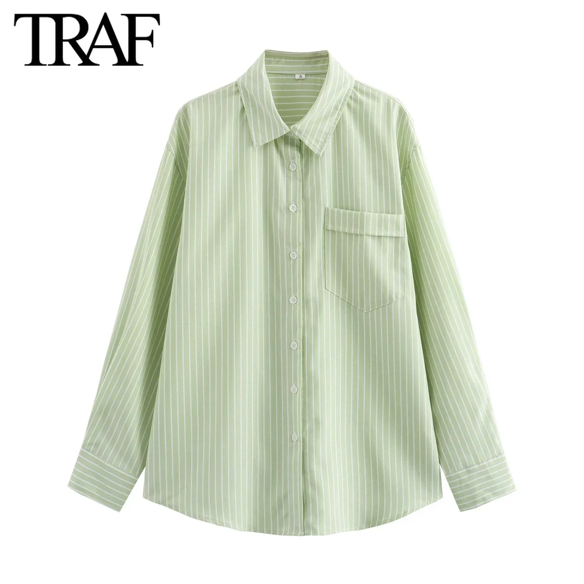 TRAF Women\'s Clothing Spring Autumn New Pocket Striped Single-breasted Lapel Long Sleeve Shirt Chic Office Ladies Tops Mujer