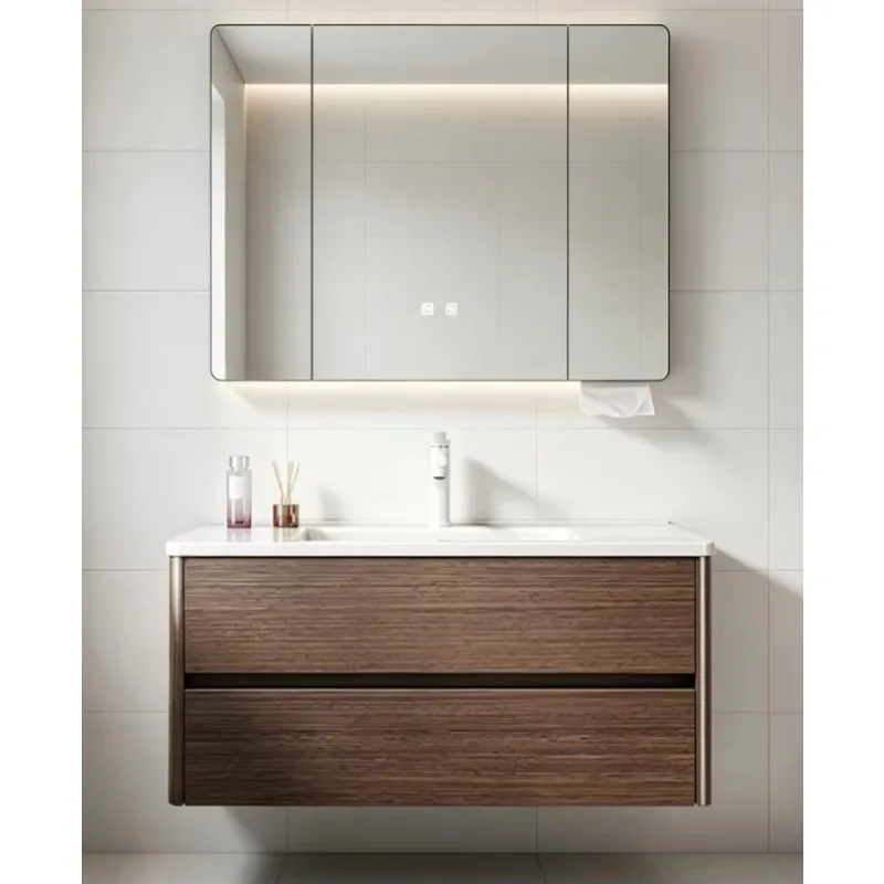 Double Drawers Walnut Finish Wash Basin Cabinet