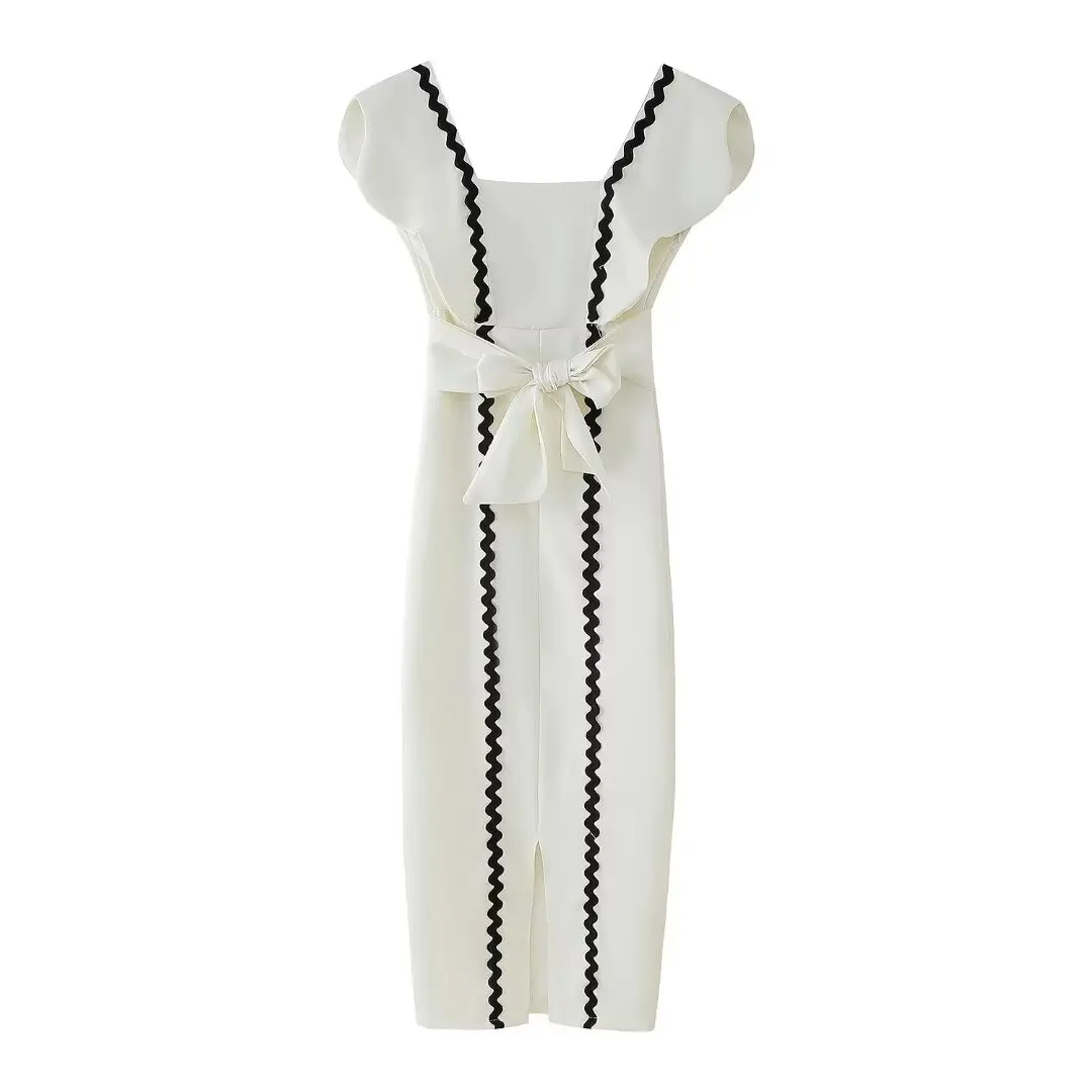 

TRAFZA Women Dress Bow Hem Slit Decorative Summer Sleeveless Spliced Belt Dress Square Collar Beach Back Zipper Dress Mujer