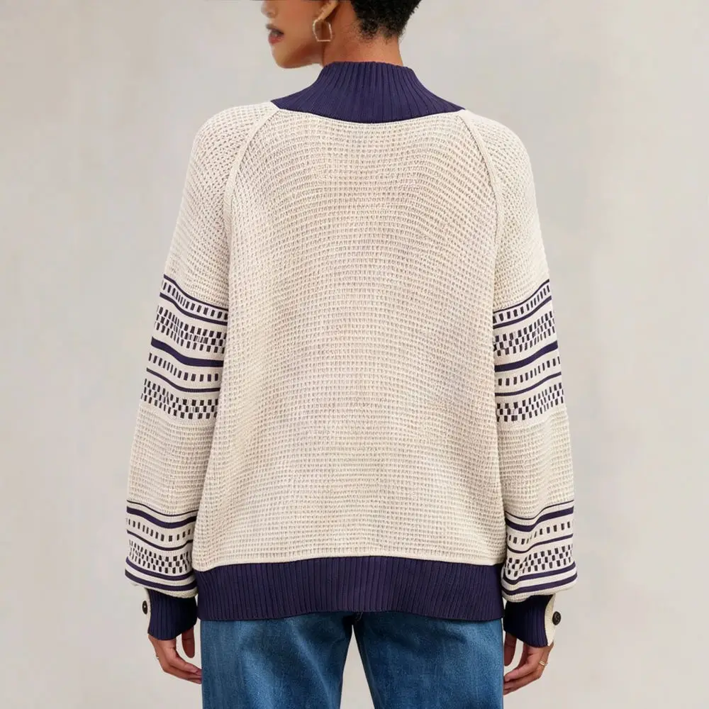 Elegant Womens Knitted Pullover Sweater Autumn Winter High Neck Contrast Color Soft Warm Casual Long Sleeve Streetwear