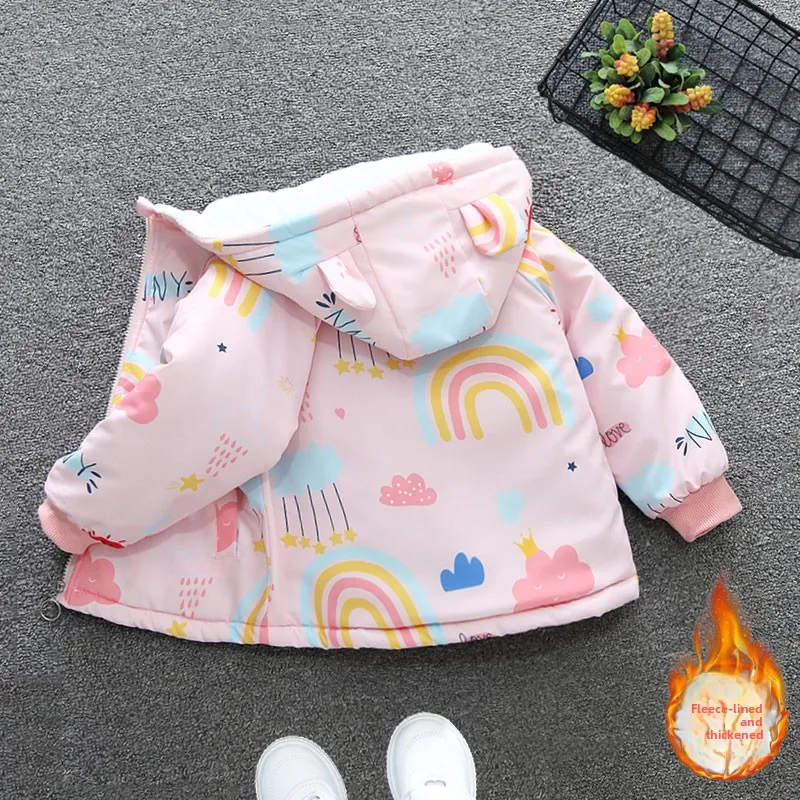 

Хлопковое пальто Thiened Fce для маленьких девочек, теплое зимнее пальто с радужным принтом, уличное спортивное повседневное прямое пальто на молнии...