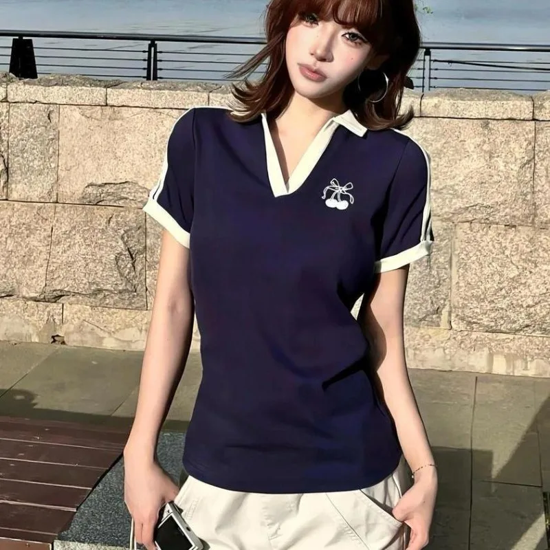 Deeptown Vintage Embroidery Women T-Shirts Striped Short Sleeve American Style Polo Neck Tees Slim Preppy Gyaru Summer Youthful