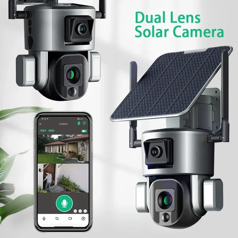 4G Wireless Solar Camera Dual Lens 10X Optical Zoom with 5W Solar Panel Home Security Surveillance Outdoor Camera Dual Scrceen