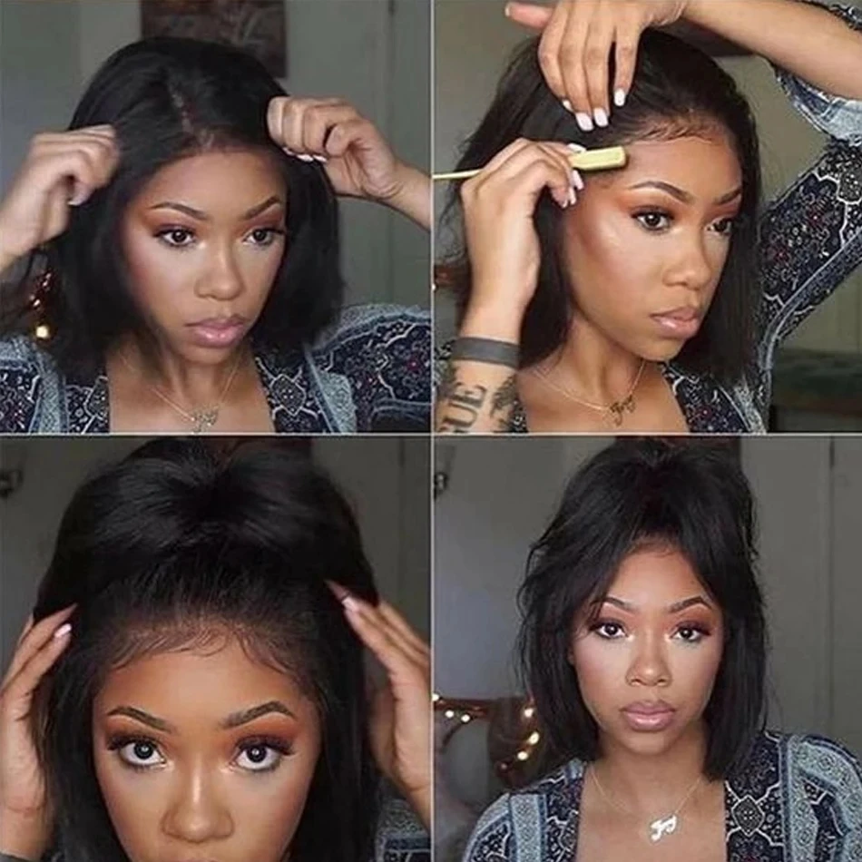 Ready To Wear Glueless 13X4 Kinky Straight Lace Frontal Wigs Virgin Human Hair Bob Brazilian Hair Yaki Straight Wigs For Women