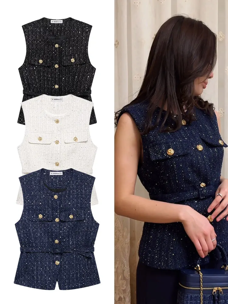 

HH женский новый весенний элегантный жилет без рукавов с блестками и круглым вырезом с поясом, однобортный модный топ для офисных женщин