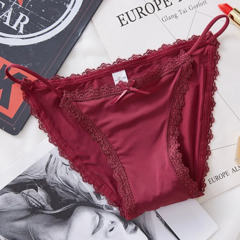 4 ks/sada ledově hedvábných brazilských kalhotek s krajkovým lemem, dámské spodní prádlo s nízkým pasem, jednobarevné sexy spodní prádlo, velikost M-XL - náhled 6