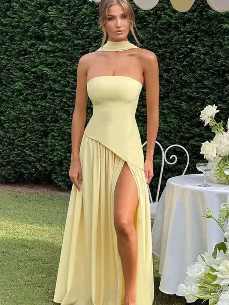 Elegant Solid Pleated Maxi Dress Women Sexy Sleeveless Off Shoulder High Slit Spliced Scarf Slim Fit Dresses 2025 Party Wear 6UG
