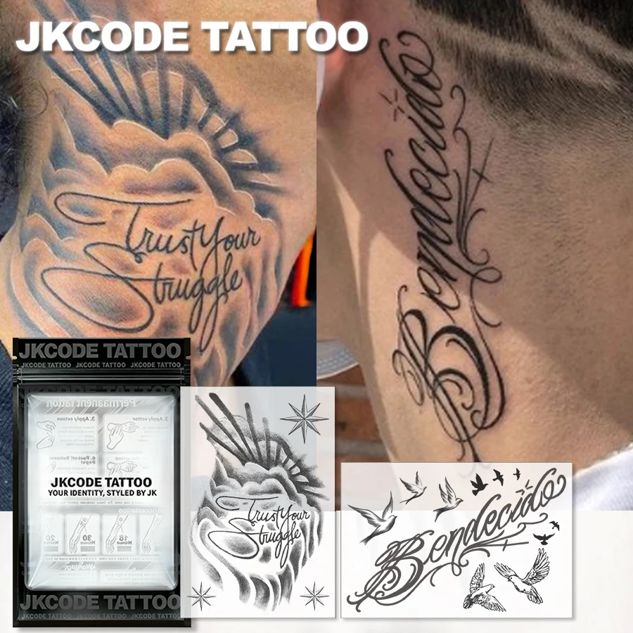 Ensemble de 2 tatouages temporaires à base de plantes, style graffiti, avec texte inspirant et positif - Totem - « Bravely Strive » - Style « Bénédiction et Guérison » - Texte graffiti en espagnol et en anglais pour hommes, style « Chaleureux » pour femmes, autocollants de tatouage double usage pour les mains et le cou, imperméables et longue durée (15 jours)