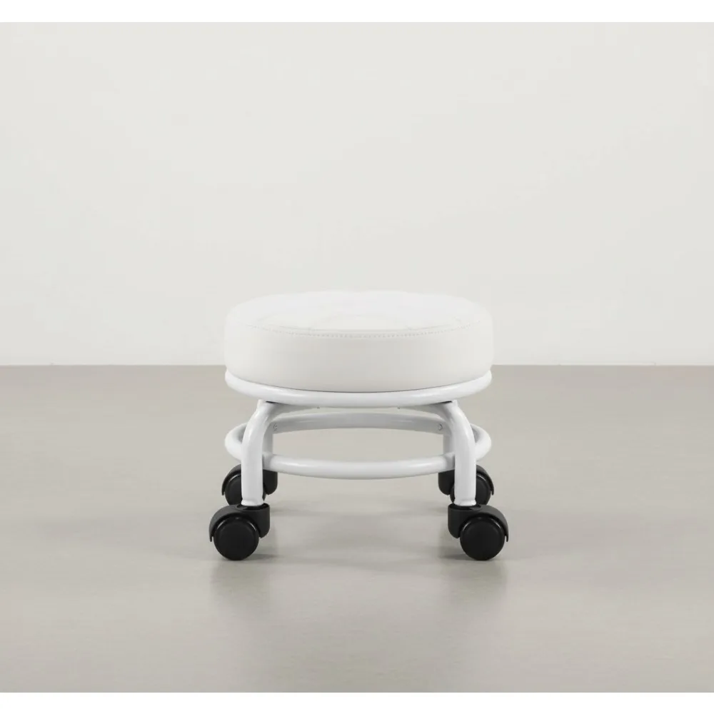 

Low Rolling Stool PU Leather Step Stool on Wheels for Home Office Garage Mechanic Yoga White