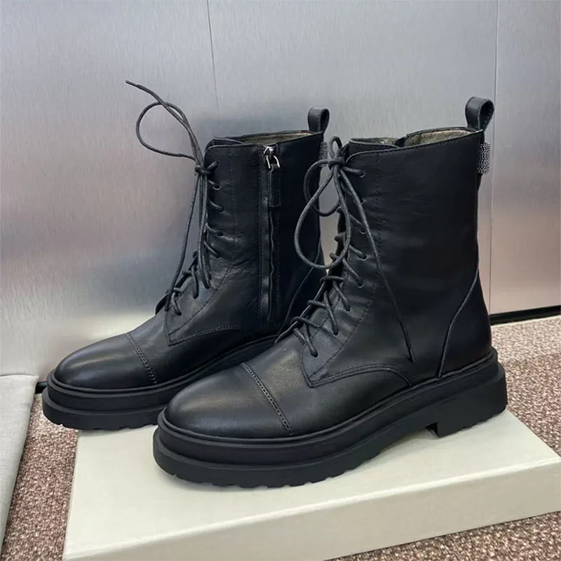 

New Suede Leather Short Boots Women Round Toe Lace Up Thick Sole Shoes Women String Bead Motorcycle Boots Flat Ankle Boots Woman