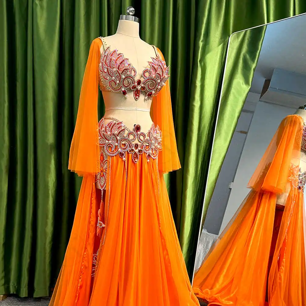 BellyDance Suit Embroidery Diamond Bra Split Fishtail Skirt Performance Set Custom Adult Child Competition Clothing Accessories
