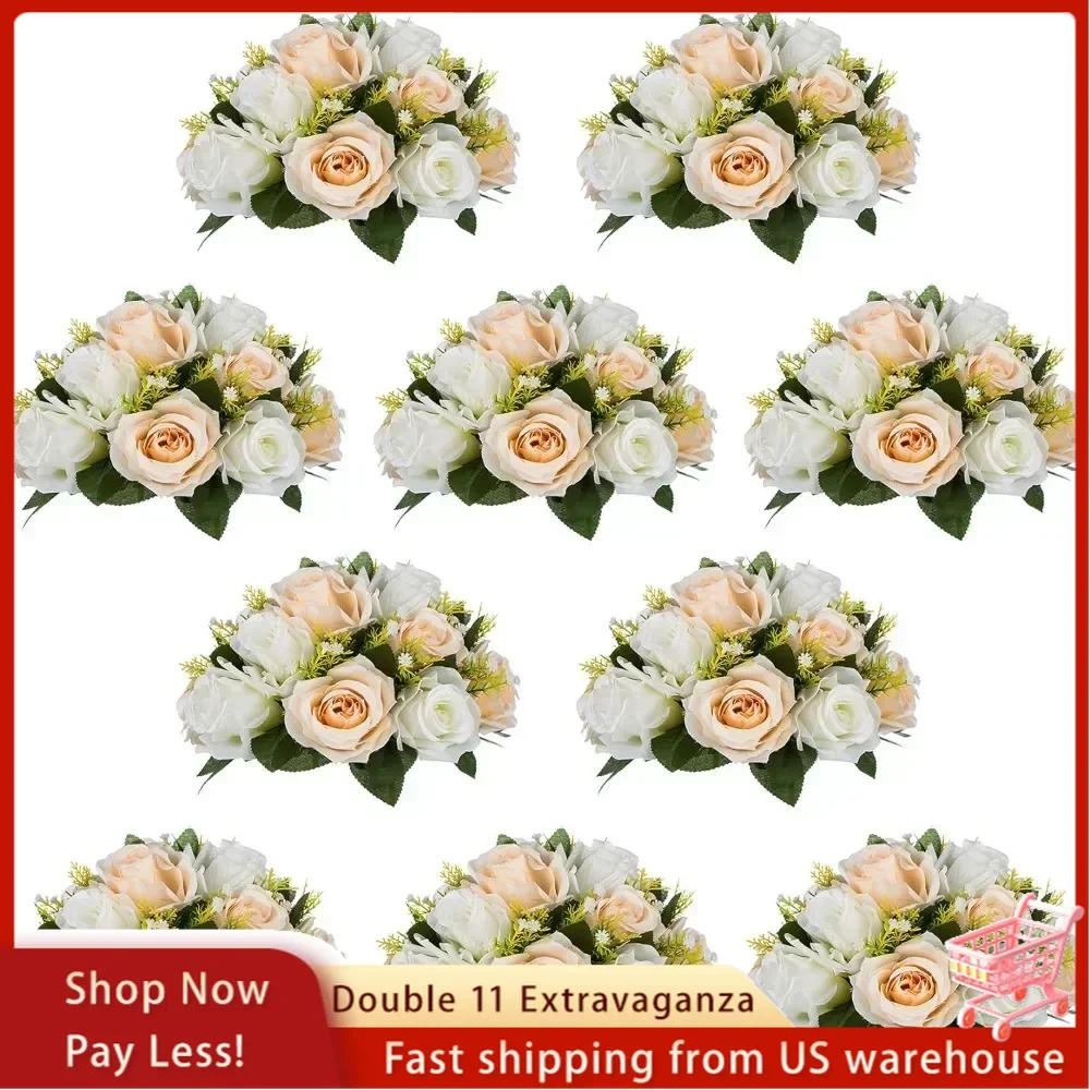 Pcs of 10 Fake Flower Ball Arrangement Bouquet,15 Heads Plastic Roses with Base, Suitablefor Parties Valentine's Day Home Décor