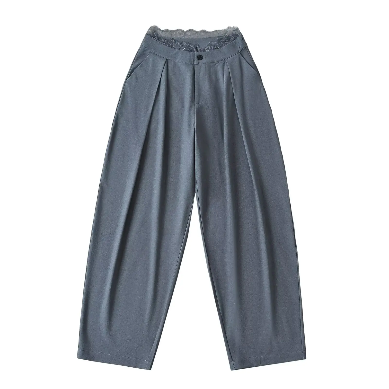 High Waist Loose Fit Lace Detailing Casual Straight Leg Trousers Women's Spring Autumn Wide Leg Floor Length Pants