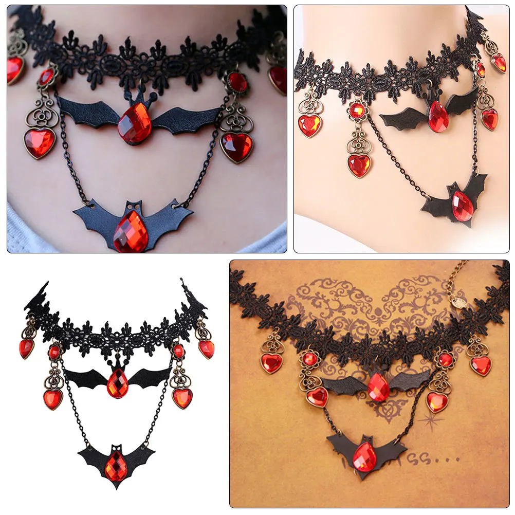 สร้อยคอวินเทจรูปค้างคาว 2 ชิ้น สำหรับผู้หญิง สไตล์โกธิค แวมไพร์ เครื่องประดับฮาโลวีน อุปกรณ์เสริมชุดแฟนซี จี้รูปค้างคาว โลหะผสม โพลีเอสเตอร์