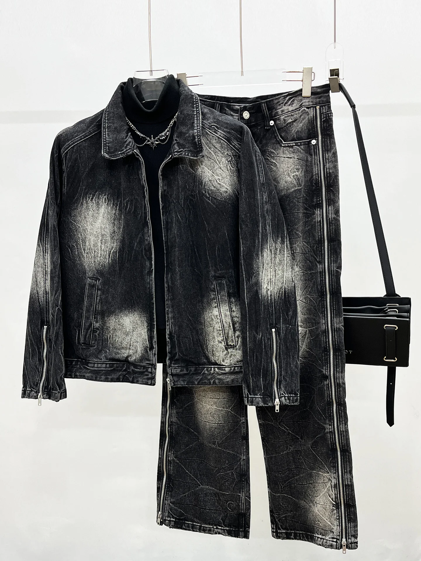 

Vintage Washed Men's Denim Set Loose Fit Straight Leg Pants Two Piece Trendy Design Autumn Winter Fashion Casual Outfit