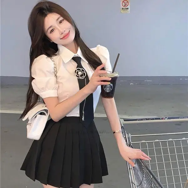 Summer New College Style  Girl Sweet Sexy Jk School Uniform Women Bubble Sleeve Shirt Pleated Skirt Improved Jk Suit Skirt Set