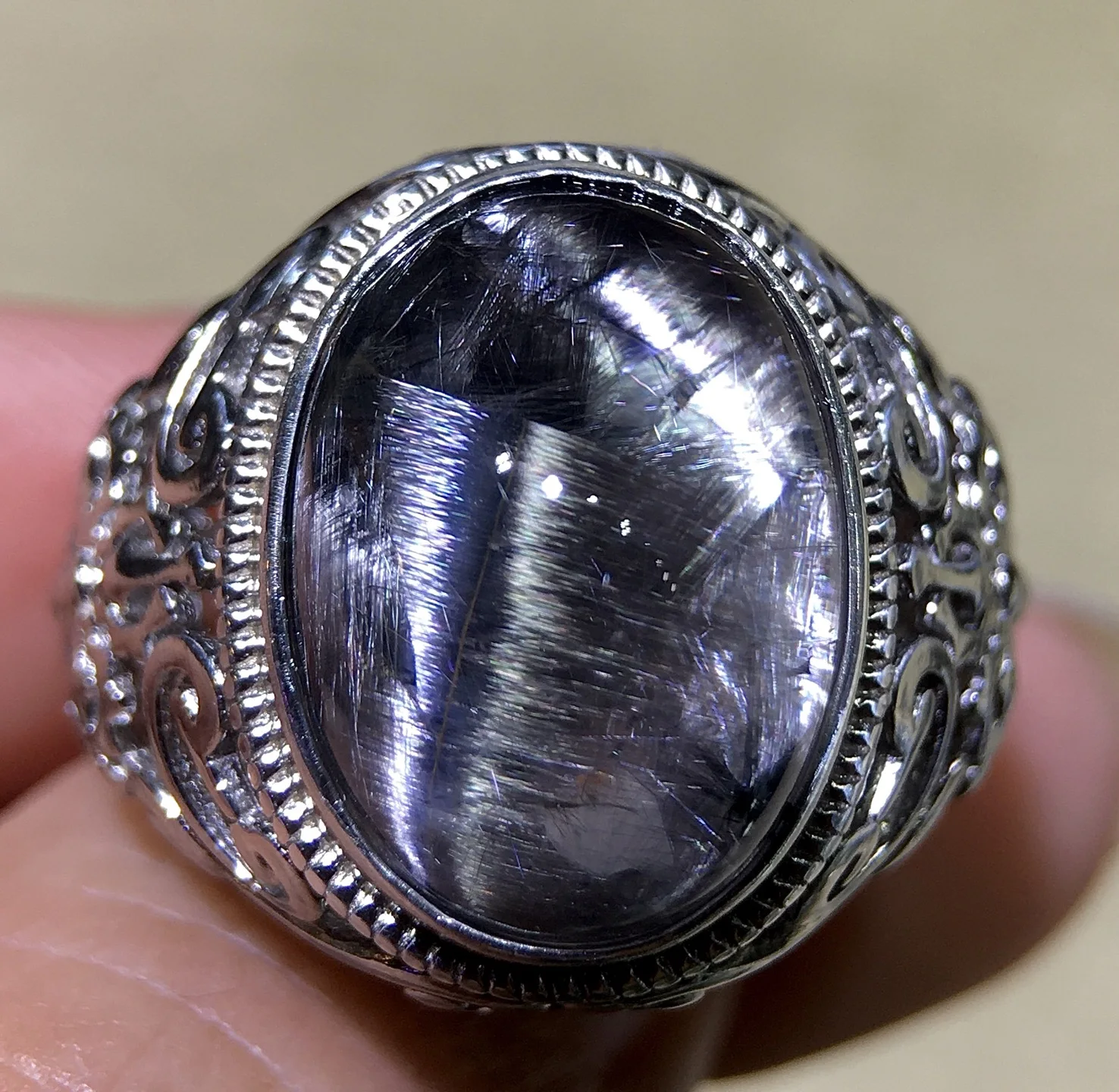Natural Silver Brookite Platinum Rutilated Quartz Ring Oval Big Size 16/12/7.5mm 925 Silver Woman Men Water Drop Lucky AAAAA