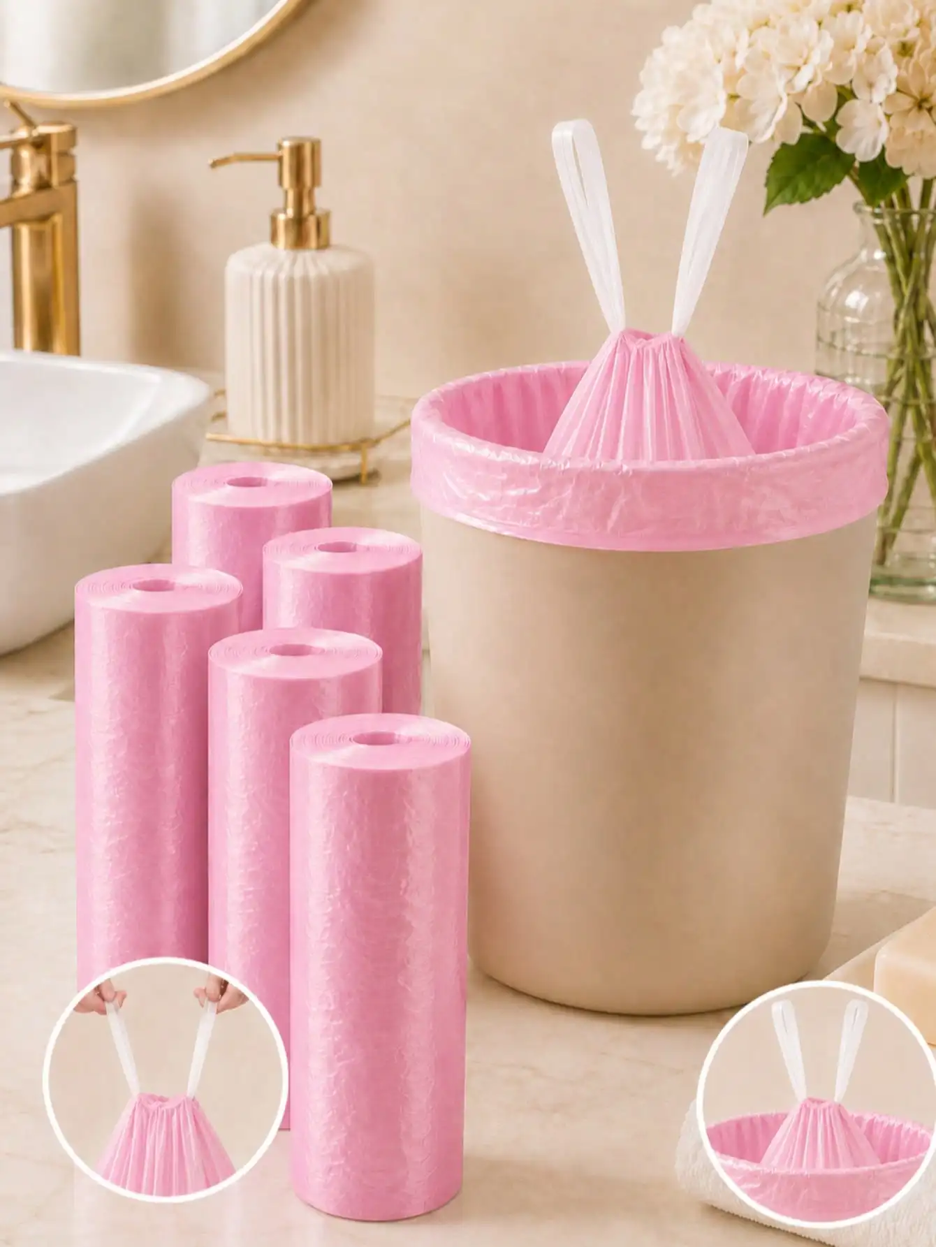 400Pcs Pink Drawstring Trash Bags – Rose Scented Heavy Duty Leakproof Garbage Bags, 4–5 Gallon Small Capacity Strong Durable Liners For Bathroom, Kitchen & Home Daily Use