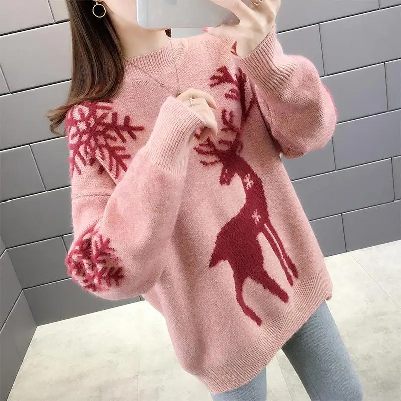 Women\'s Little Deer Christmas Sweater Thickened Loose Coat 2024 Autumn Winter New Fashion Tops Knitwear Shirts For Women Clothes