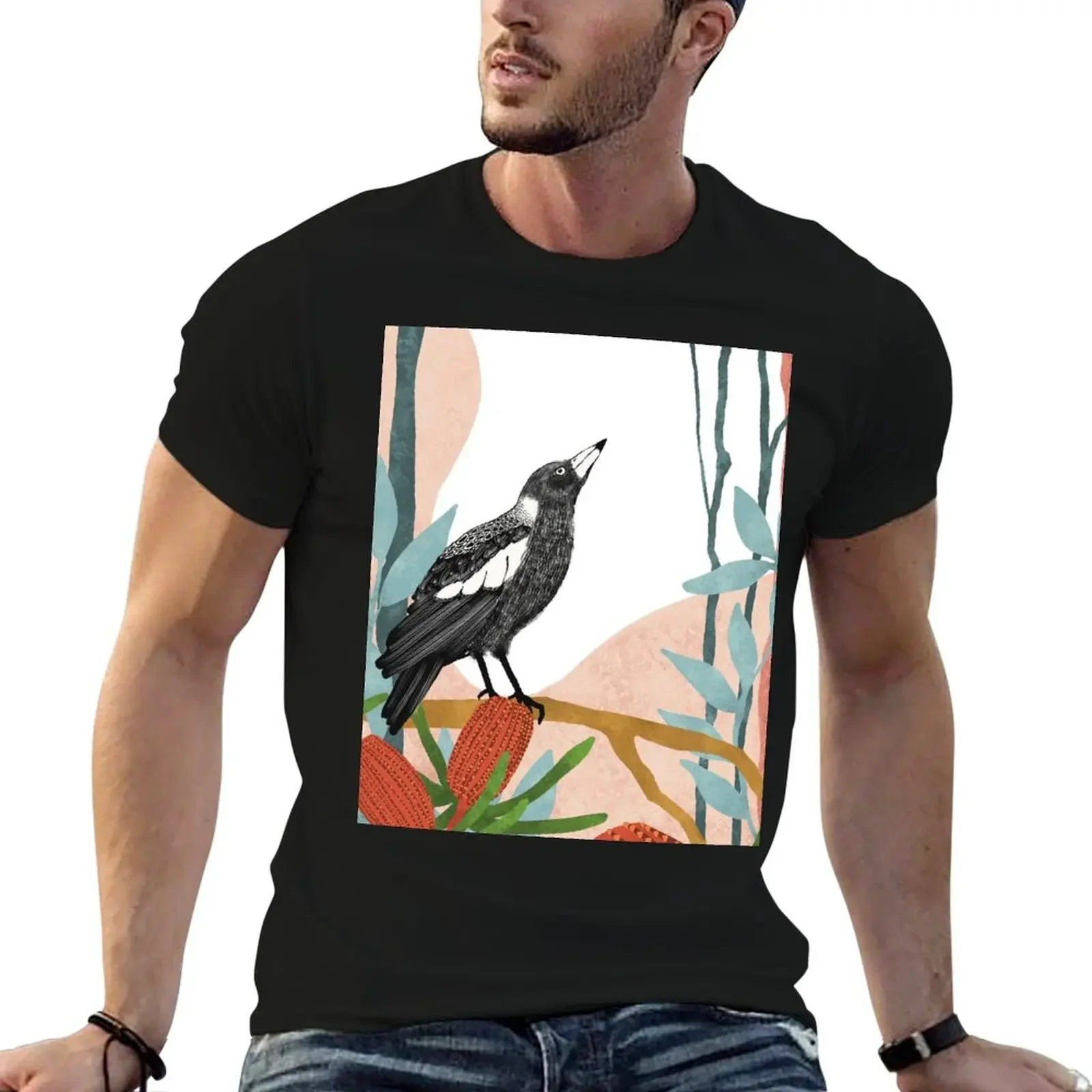 Australian Magpie amongst Banksia Flowers T-Shirt animal prinfor boys graphic tee shirt mens cotton t shirts