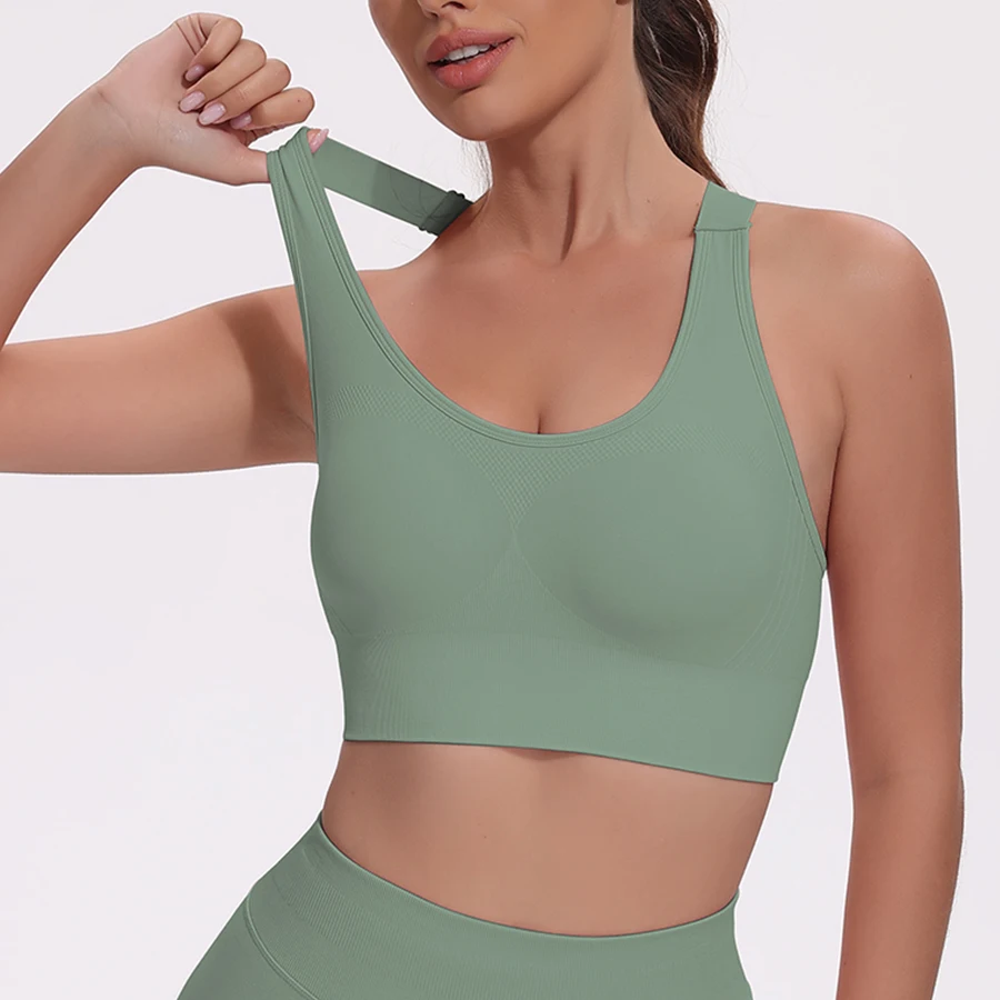 Women Racerback Sports Bra  Adjustable Straps Breathable Mesh Back Seamless  Fitness Athletic Bra with Removable Cups Sportswear