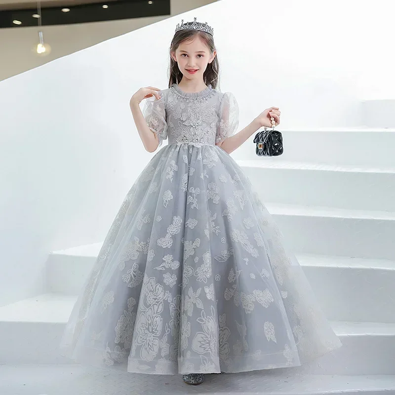 Girl's stylish birthday princess dress, fluffy gauze flower girl runway evening dress, girl host piano performance dress, spring