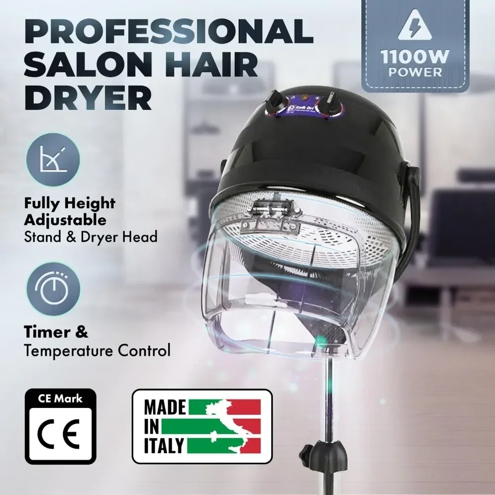 Ionic Hooded Hair Dryer, 1100-Watt Salon Hair Dryer, Adjustable Height and Head, Flip Top Visor, Made in Italy