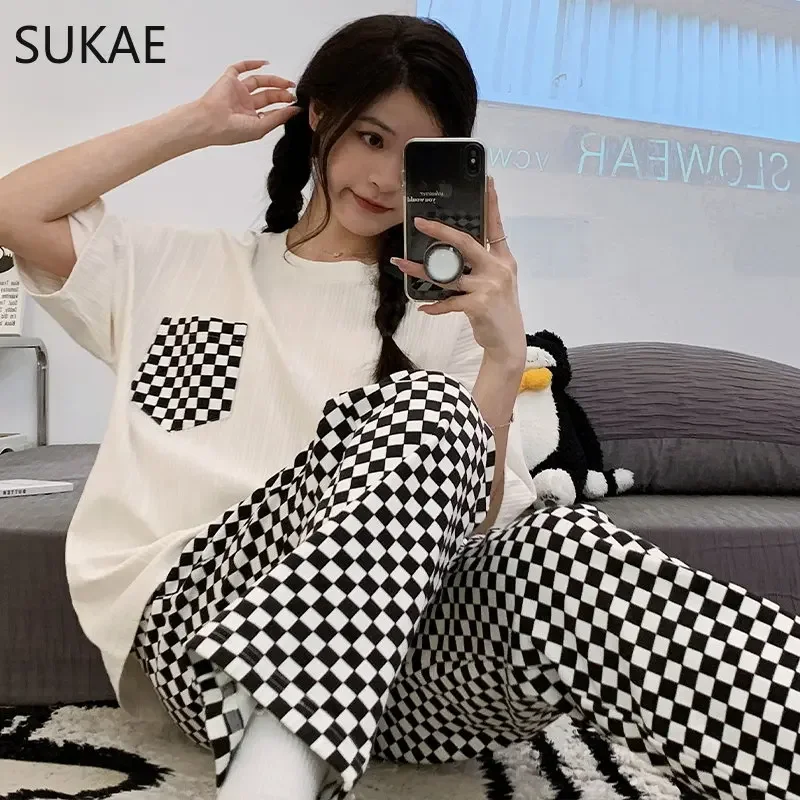 SUKAE Summer New Cotton Cartoon Woman\'s Pajamas Set Short Sleeves Long Pants Girl Pijama Casual Women Clothing Fashion Sleepwear