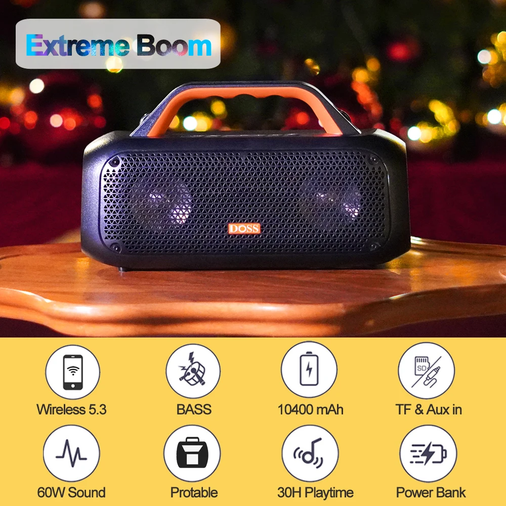 DOSS Wireless Bluetooth Speaker Extreme Boom Powerful 60W Stereo Bass Subwoofer Sound Box Waterproof Outdoor Portable Speakers