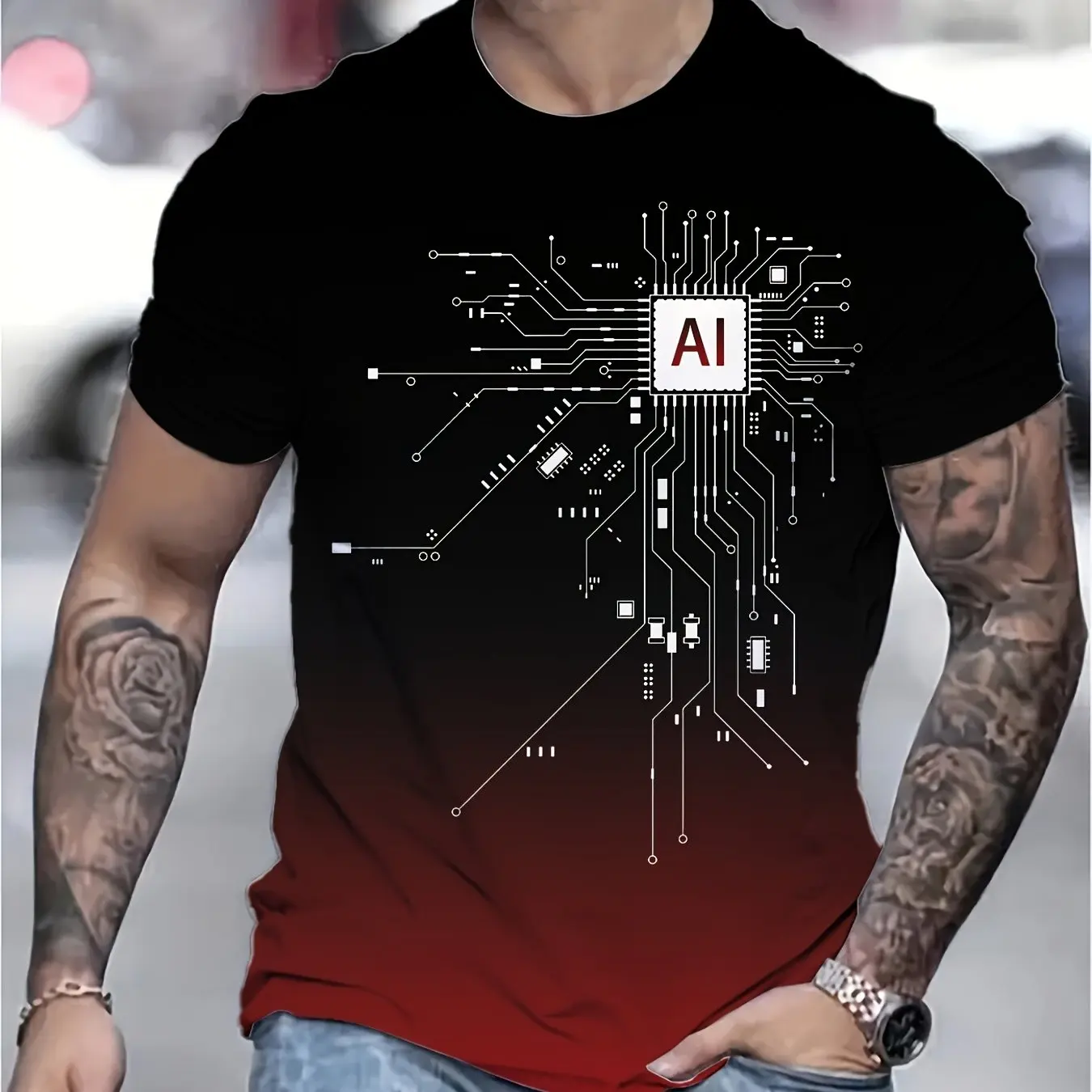 Men's AI Chip Circuit Pattern T-shirt Breathable Casual Short Sleeved Round Neck Top, Technology Style Design, Summer Daily Wear