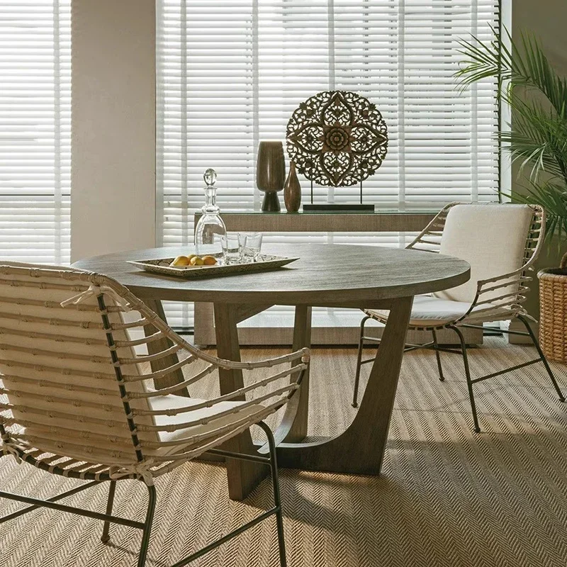 American solid wood dining table dining chair combination living room oak retro round dining table home six tables