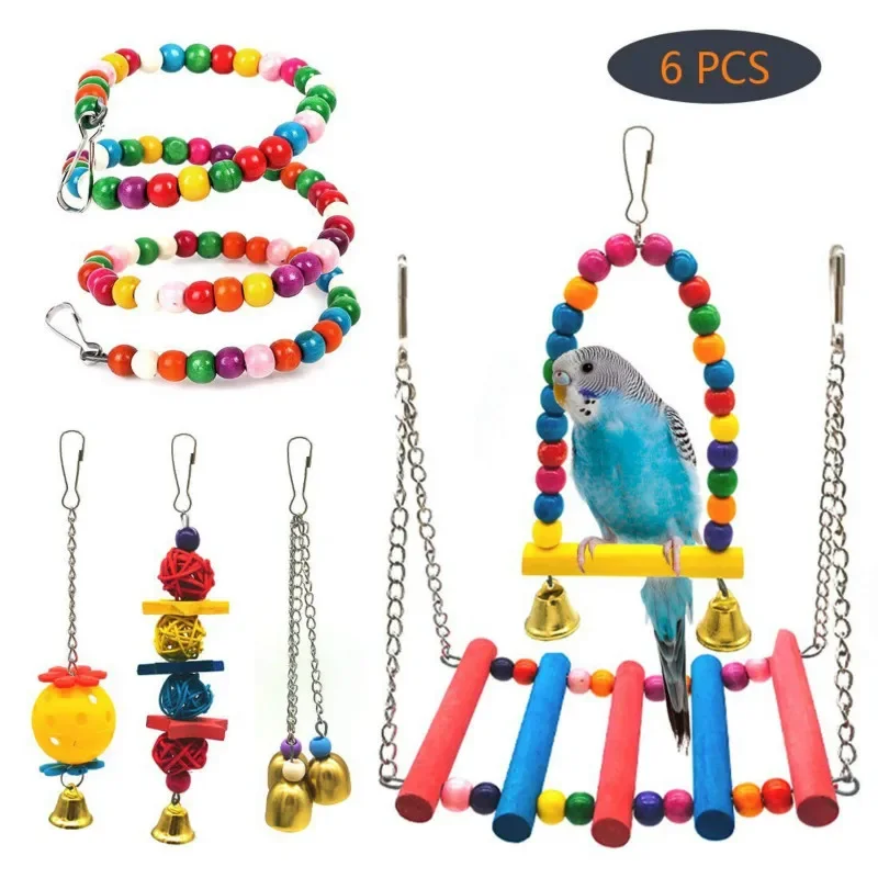 Parrot Bite Toy Pet Bird Swing Suspension Bridge 6-Piece Set Color Random Match