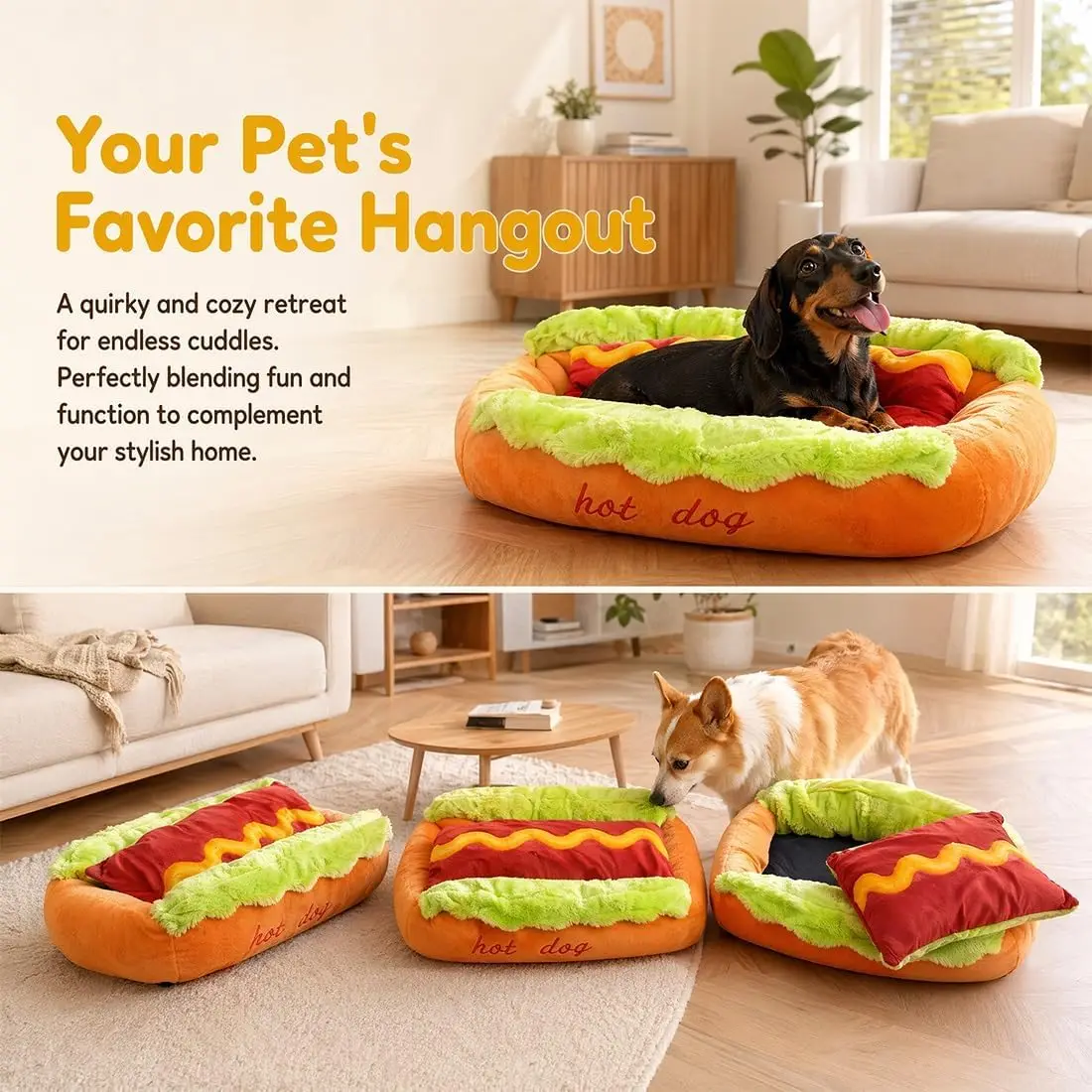 2026 New Hot Dog Dog Bed, Cute Funny Hotdog Bed, Hot Dogs Beds with Removable Washable & Non-slip Bottom, Hotdog Beds for Pets