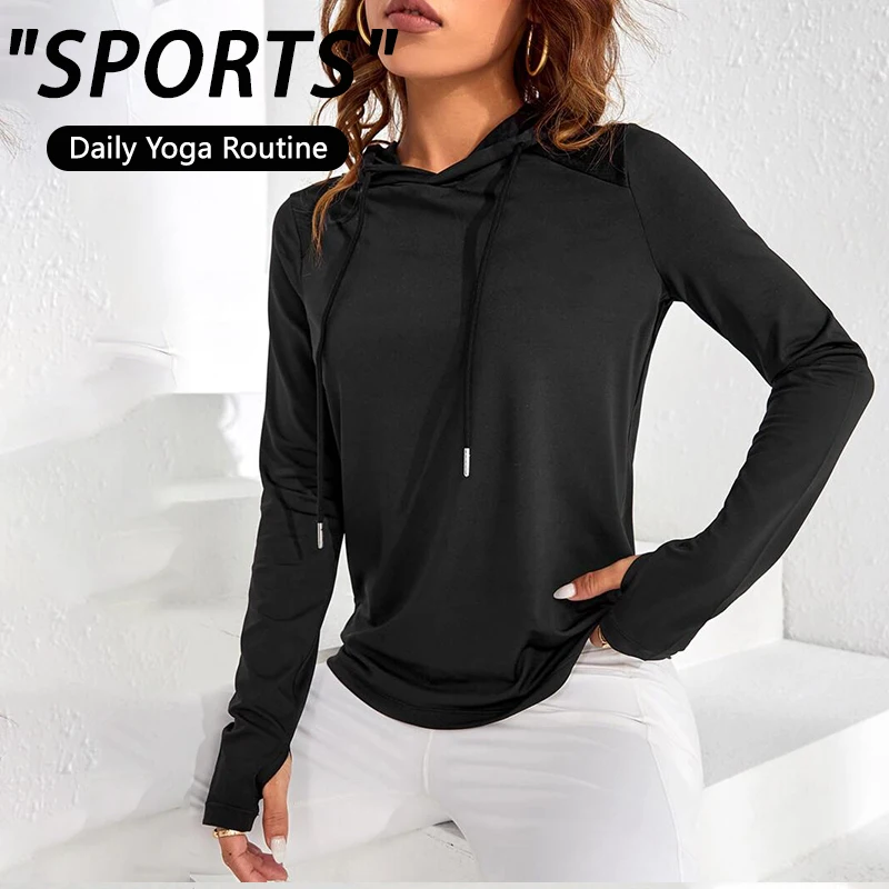 

Женская спортивная кофта с капюшоном и текстурированными вставками, длинный рукав, отверстия для больших пальцев, облегающий крой, быстросохнущая, для йоги, спортзала, бега и фитнеса