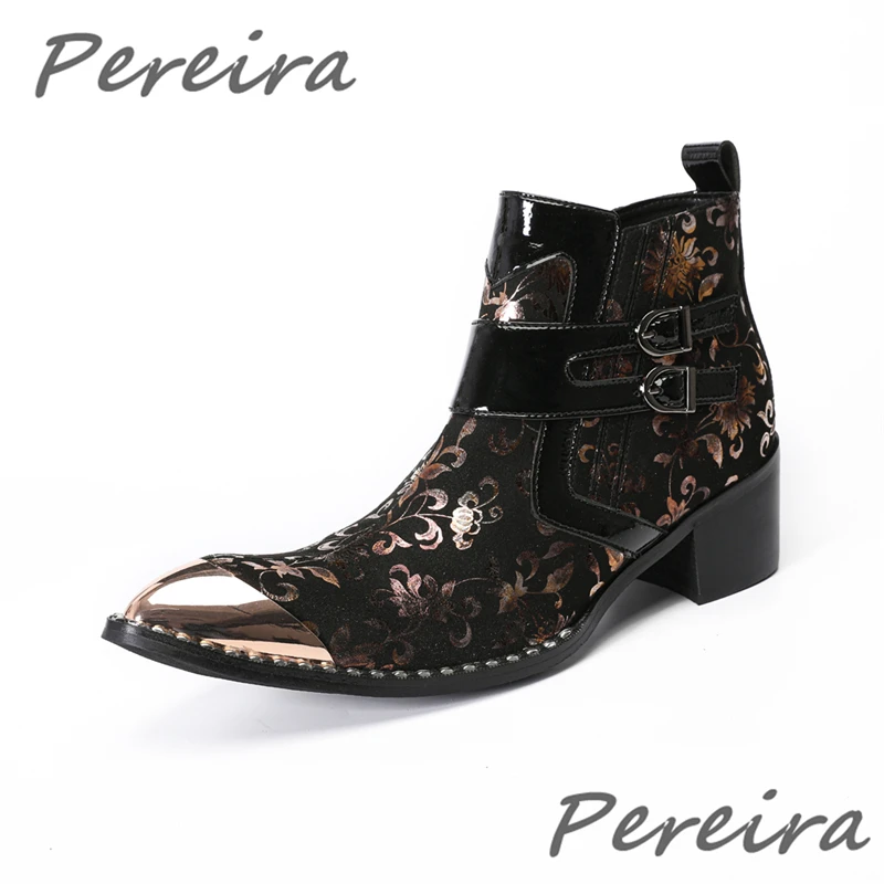 Gold Flower Print Suede Men's Boots Pointy Toe Side Zipper Thick High Heel Chelsea Boots Luxury Cowhide Party Wedding Shoes