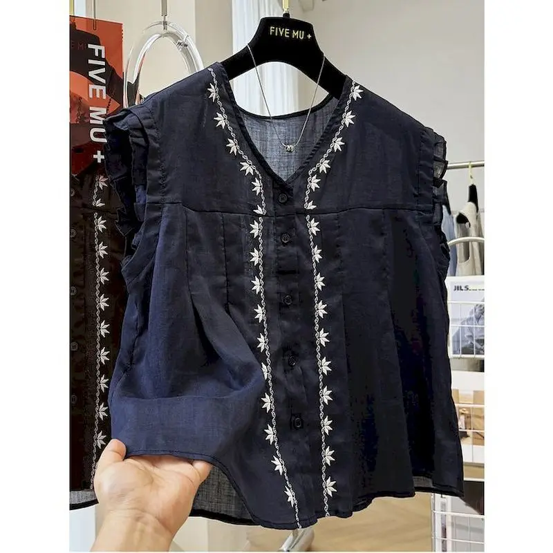 

Женские вышитые жилеты с круглым вырезом в корейском стиле, свободного кроя, без рукавов, с А-образным подолом, из полупрозрачной ткани, летние топы 2026