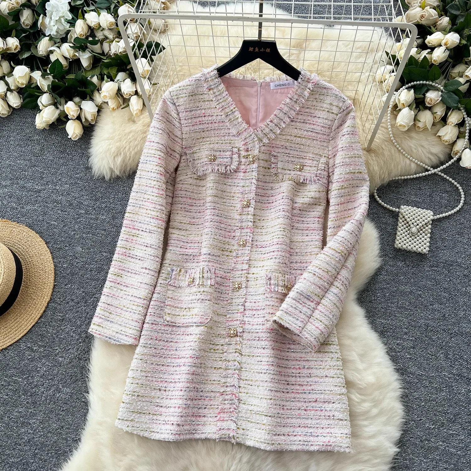 

Autumn Winter Luxury Runway Stripe Tweed Dress Women's V-Neck Long Sleeve Beading Pearls Buttons Pockets Tassels Short Vestidos