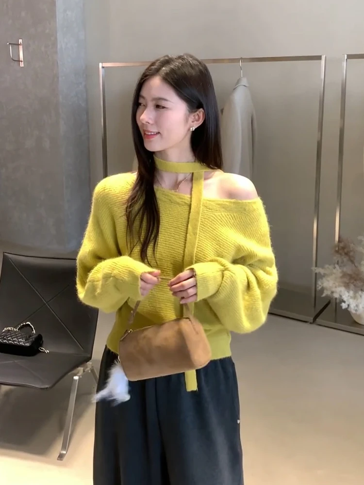 Koreański sweter damski z dzianiny z kołnierzem z futra niedźwiedzia, ocieplany, jesienno-zimowy, warstwa bazowa, sweter z okrągłym dekoltem.