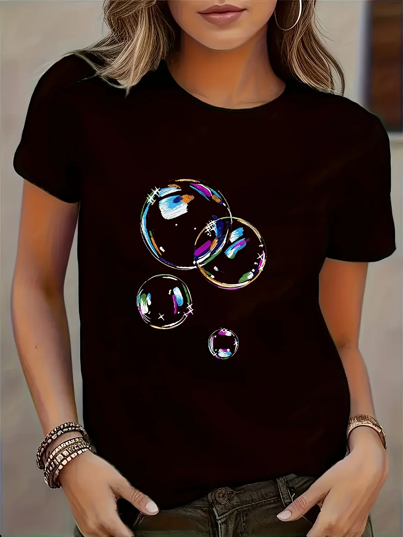 Cartoon Dreamlike Bubble Pattern Printed T-Shirt Casual Round Neck Hort Sleeve T Shirt Stylish and Versatile Tops Clothes Female