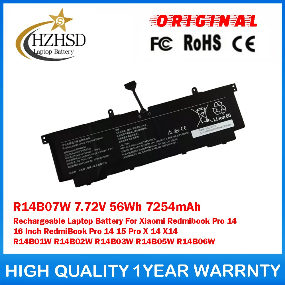 

R14B07W 7.72V 56Wh 7254mAh Rechargeable Laptop Battery For Xiaomi Redmibook Pro14 16 Inch RedmiBook Pro14 15 ProX 14 X14 R14B01W