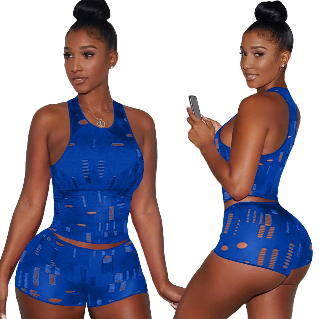 Fitness Hole Hollow Out Summer Two Piece Set Women Solid Sleeveless Vest Crop Tops Bikers Shorts Outfit Yoga Sportwear Tracksuit