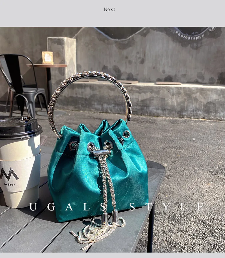 Rhinestone Diamond Tassel Bucket Bag Women Handbag Luxury Metal Ring Handle Evening Bag Wedding Party Clutch Purse Crossbody Bag